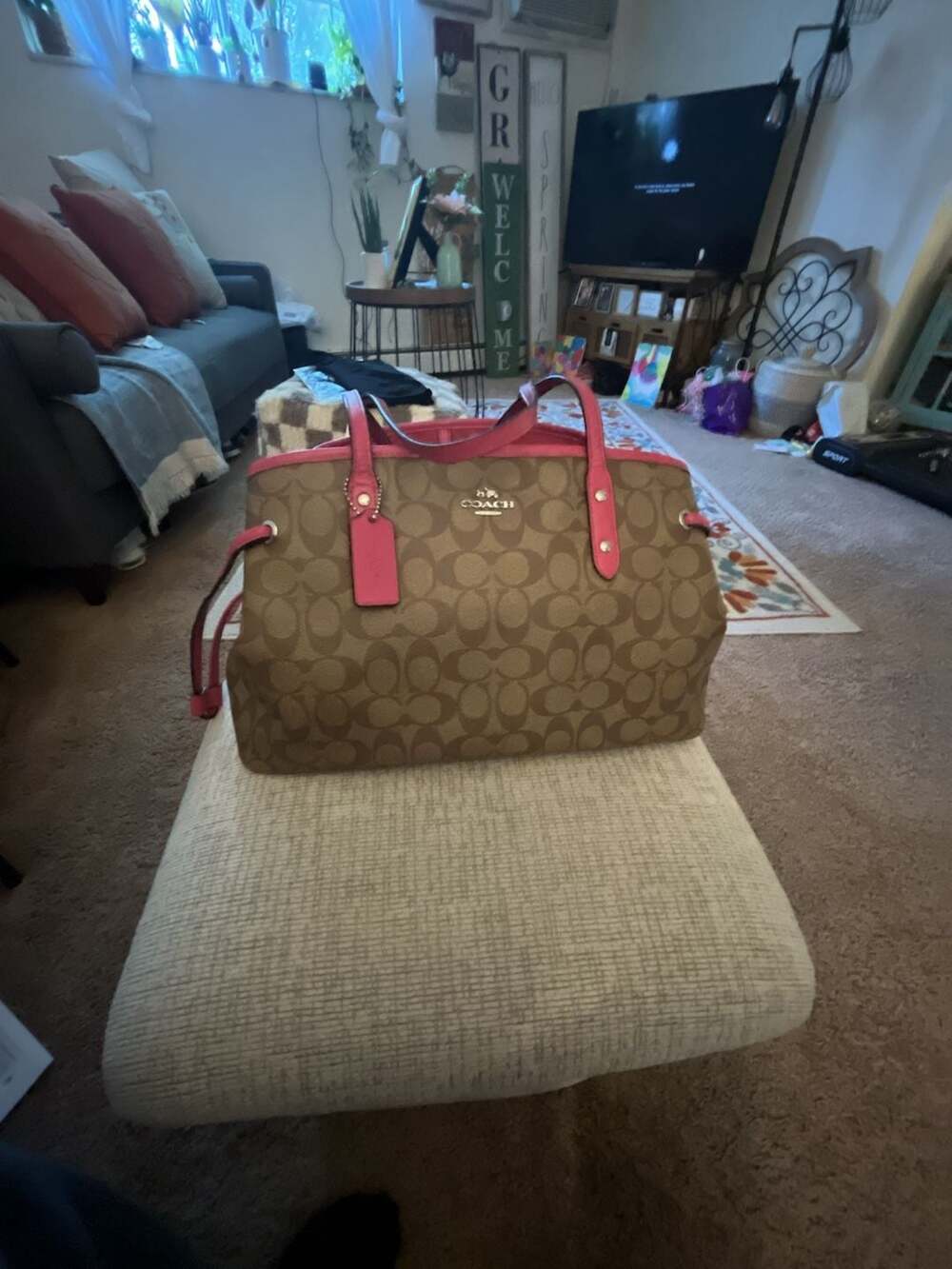 Coach Signature Canvas Reversible City Tote Bag F57842 with Pink Leather Trim